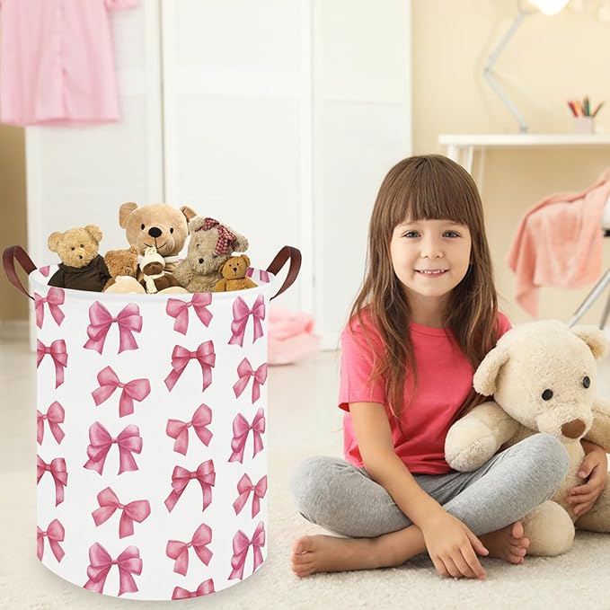 Bow laundry basket for girls,Nursery Hamper,Pink Laundry Hamper,Waterproof collapsible canvas laundry basket for girls,Pink Girls Laundry Basket,Living Room Decor(Bowknot)