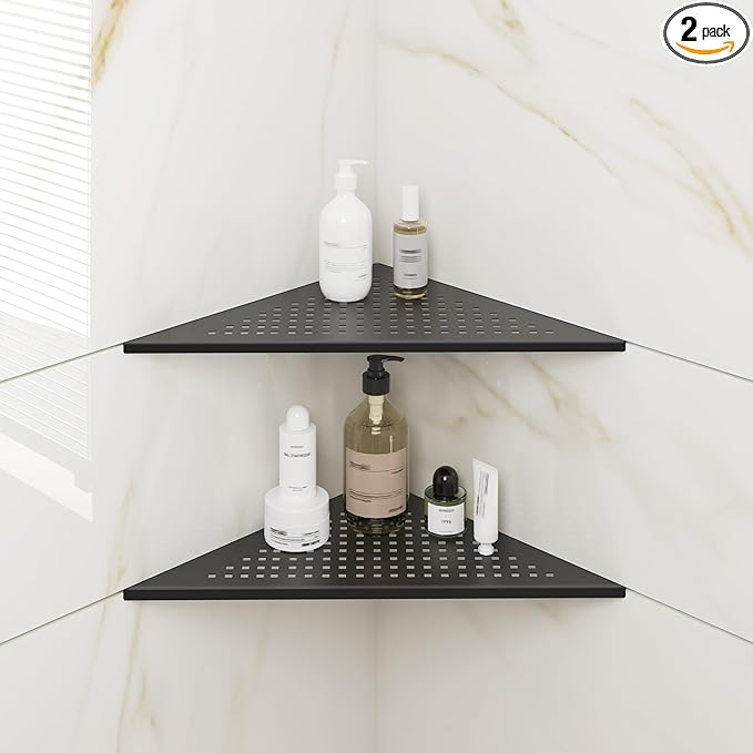 FerdY 2-Pack 10" Matte Black Recessed Corner Shower Shelf, for Tiled Bathroom Walls, 304 Stainless Steel Floating Shelf, Shower Caddy Storage Shelves, No Drilling Required, Point Triangle
