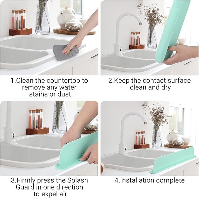 19.29 inch Kitchen Sink Splash Guard, Silicone Sink Baffle Splash Guard, Backsplash Protector for Kitchen Countertop & Bathroom Bathtub with Non-Slip Strong Suction, Mint Green