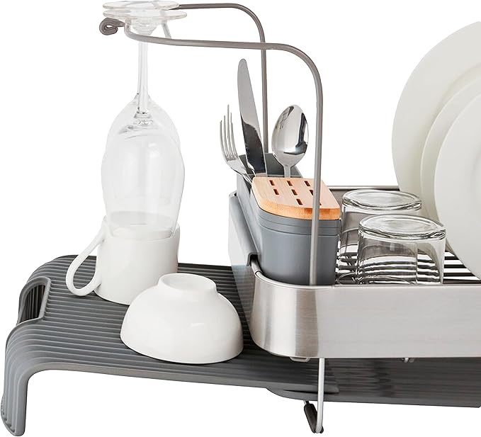 KitchenAid Compact to Full Size Expandable, Rust Resistant Satin Coated Dish Rack with Angled Self Draining Drain Board and Removable Flatware Caddy, 24-Inch, Charcoal