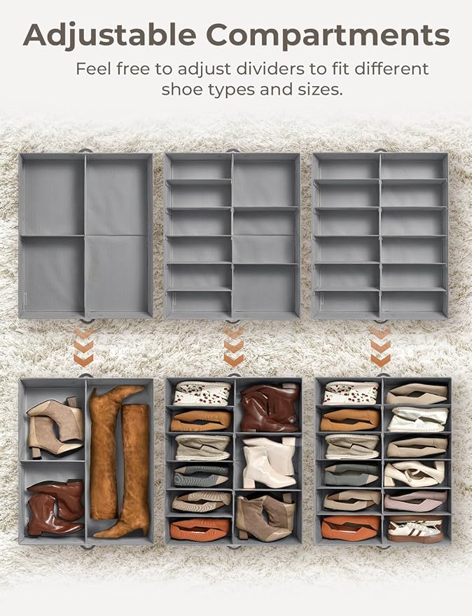 StorageWorks Shoe Organizer for Closet, Fits up to 24 Pairs, 2-Pack Ultra-thick Fabric Under Bed Shoe Storage Containers with Bottom Support and Adjustable Dividers, Grey