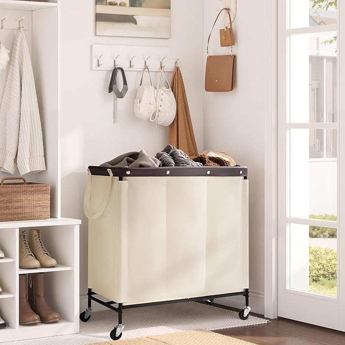StorageWorks 3 Section Laundry Hamper, Rolling Laundry Cart with Wheels and Handles, Laundry Room Double Sorter for Organizer and Storage, 31.7 Gal(120L), Beige