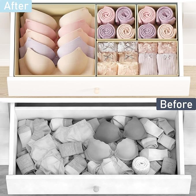 DIMJ Drawer Organizer Clothes, 26 Pack Dresser Organizer, Foldable Closet Organizers and Storage, Fabric Dresser Bins, Drawer Dividers for Nursery, Baby Clothes, Underwears, Sock (Beige)
