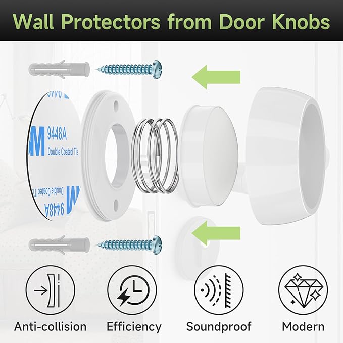 6PCS Door Stopper Wall Protector with Silicone Head, Aluminum Door Knob Wall Protector, Spring Shock Absorption Technology, 1.65" Door Stoppers for Wall, Adhesive Installation or with Screw, White