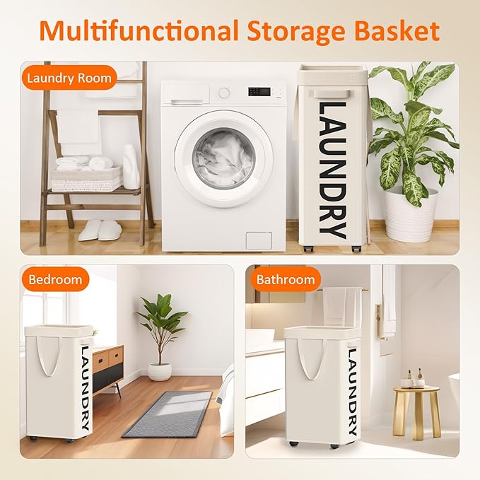 Laundry Basket with Wheels, 90L Rolling Laundry Hamper with Wheels, Large Clothes Hamper on Wheel with Removable Mesh Bag for Bedroom, Bathroom, Dorm, White
