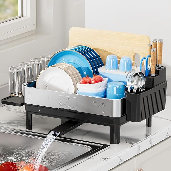 Dish Drying Rack, 304 Stainless Steel Dish Racks for Kitchen Counter, Dish Drainers with Automatic Drainage, Utensil Holder & Cups Holder, Space Saving Kitchen Organizer, Black