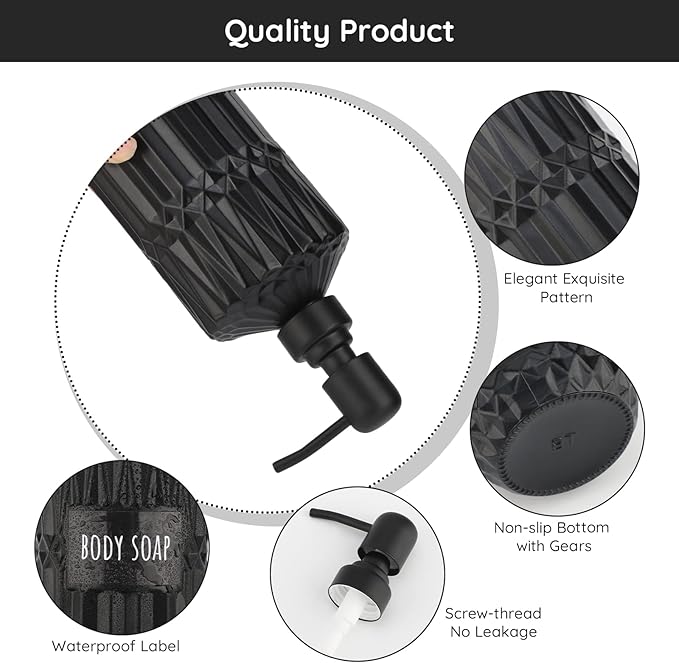 Segbeauty Black Soap Dispenser, 2pcs 15.2oz Glass Pump Bottles with Labels for Farmhouse Decor, 450ml Empty Refillable Kitchen Soap Dispenser Set Bathroom Accessories for Western Modern Home Decor