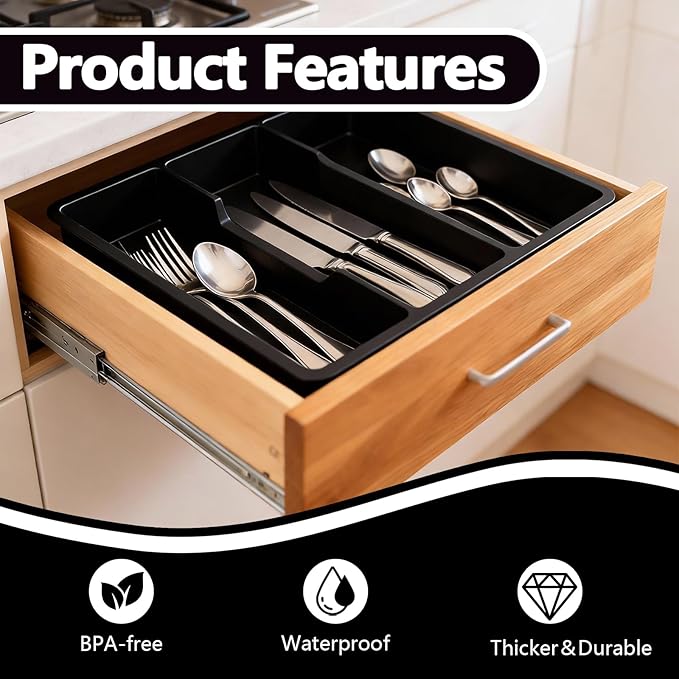Kitchen Utensil Drawer Organizer, Expandable Cooking Silverware Tray, Adjustable Cutlery Flatware Holder for Spoon Fork Knife, 3 Compartments Black Plastic Spatula Tools Gadgets Storage Divider