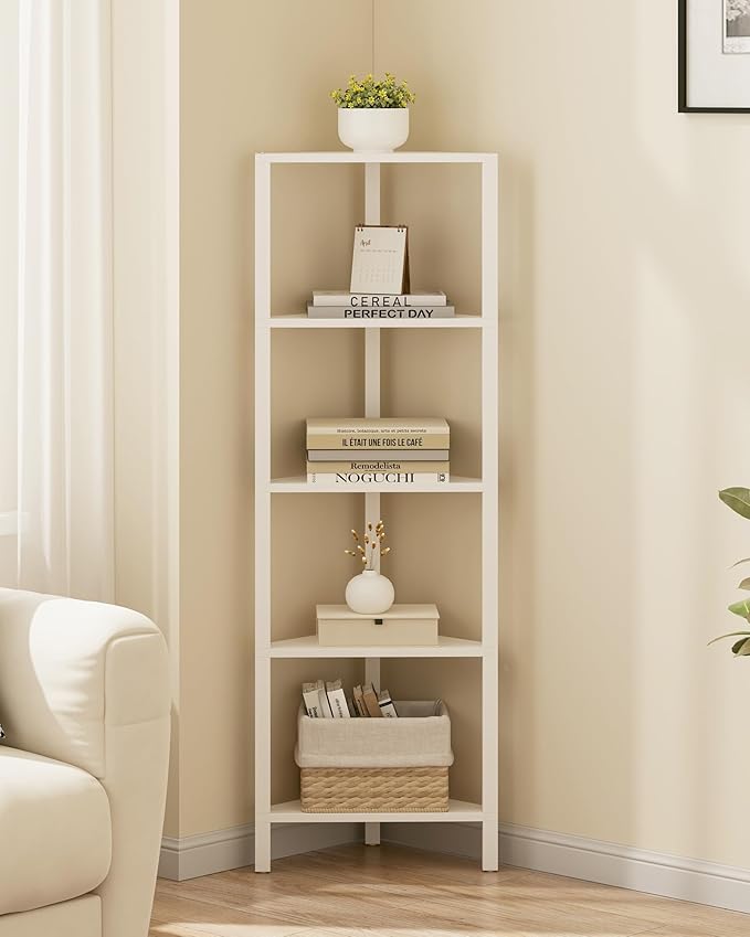 TUTOTAK Corner Shelf, 5-Tier Corner Bookshelf for Small Space, Narrow Display Corner Shelf Stand with Storage Rack, for Living Room, Bedroom, White BS05BW005