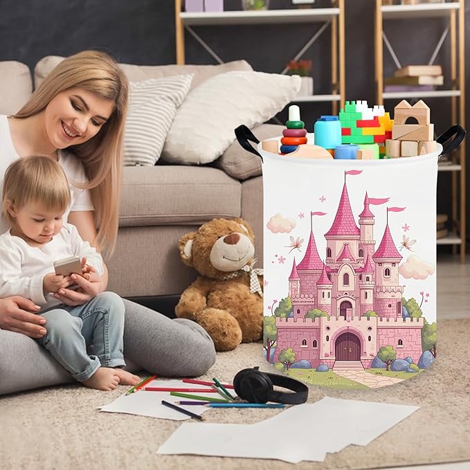 kids basket pink castle,Grils Hamper,Kids Laundry Hamper,Canvas fabric waterproof foldable laundry basket,toy bins,Girls Room decor(Castle)