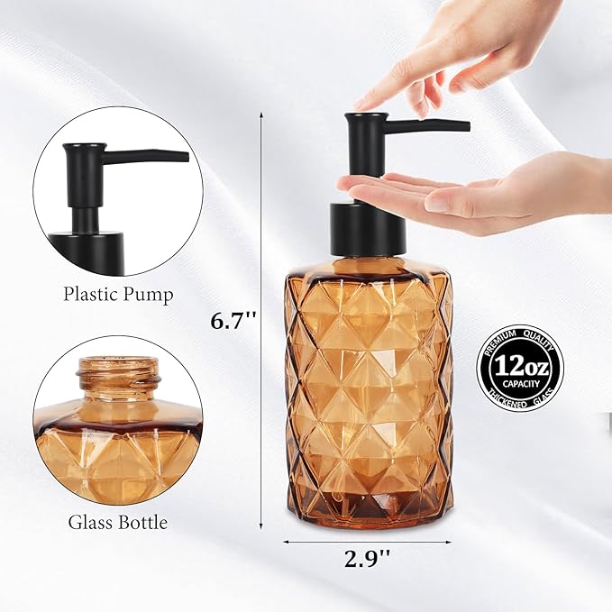 Brown Glass Soap Dispenser, 11 Oz/330ml Liquid Hand Soap Dispenser Set for Kitchen Sink and Bathroom, Dish Lotion Dispenser Set, Diamond Lotion Bottles with Black Pump&Funnel