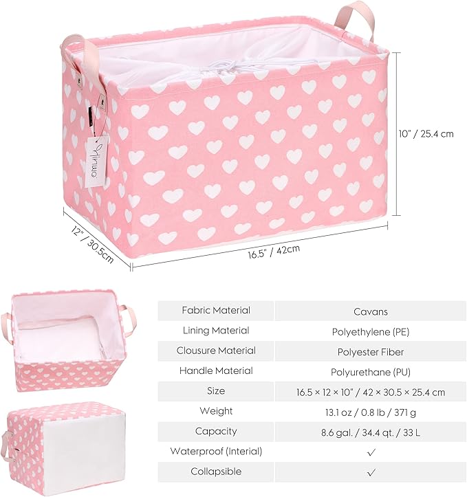 Hinwo 2-Pack Large Canvas Fabric Storage Basket with Handles, 33L/8.6-Gal Rectangle Bin, Collapsible Storage Box, Clothes, Toys, Blankets Organizer, 16.5 x 12 x 10 Inches (L, Pink Heart)