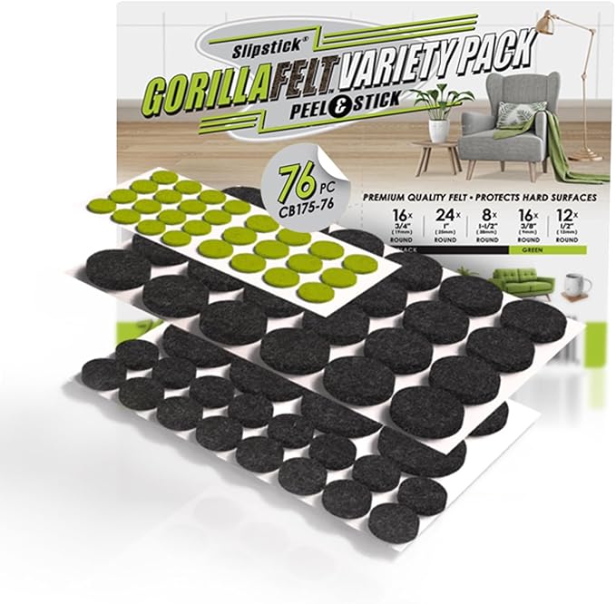 Slipstick Gorilla Felt Furniture Pads (76 Piece Variety Pack) Premium Furniture Pads & Chair Leg Floor Protectors for Hardwood Floors & Hard Surfaces