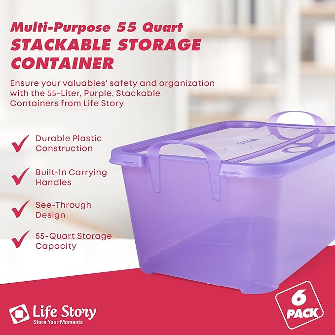 Life Story 6 Pack Light Duty Stackable Storage Bin, 55 Quart Home Organizer, Versatile Lightweight Locking Bins with Carrying Handles, Purple