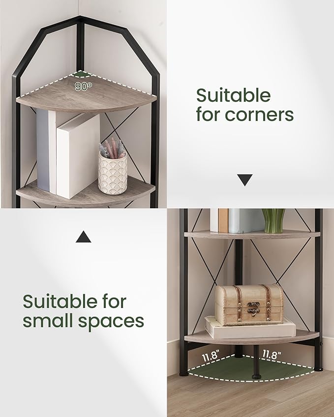 4-Tier Corner Shelf, Industrial Corner Bookshelf, 47.6" Corner Storage Stand, Plant Stand Display Shelf, Corner Bookcase for Bedroom, Living Room, Home Office, Greige and Black TCJ09BG