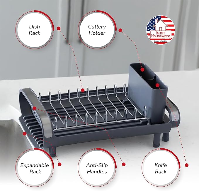 Better Houseware in Sink Dish Drying Rack, Dish Drying Rack in Sink with Non-Slip Handles, Stainless Steel Space-Saving Design, Dish Rack Holds 8 Plates, 12.25 x 18 x 10.75 Inch, Gray