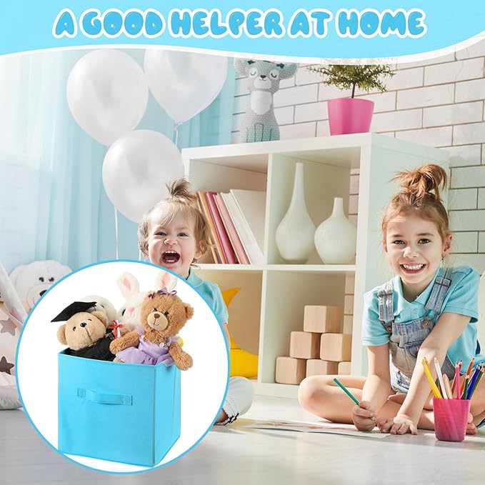 Yinder 12 Pcs Cube Storage Bin Blue 11'' Storage Bins for Playroom Decor Colorful Bins for Kids Foldable Baskets for Nursery Organizer Boxes Fabric Boxes