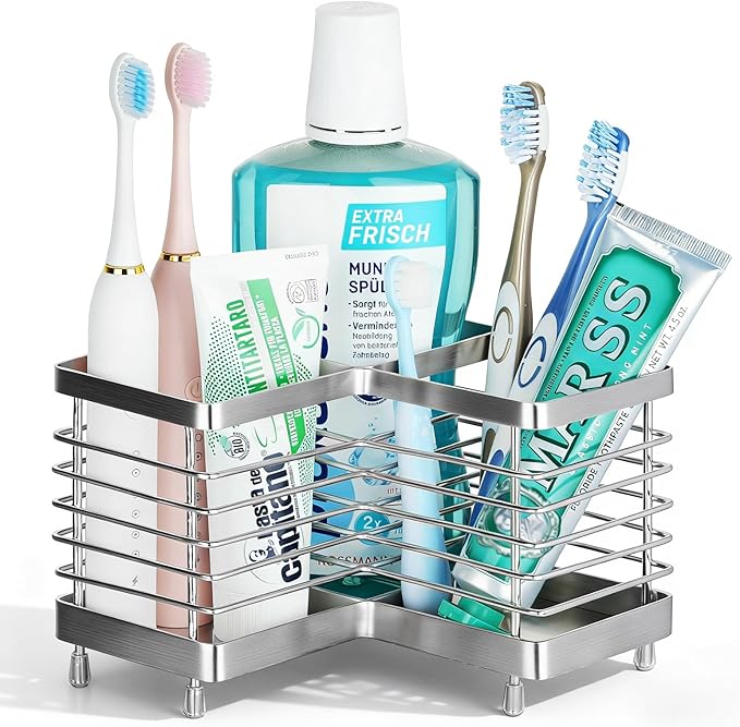 MYITYARD Toothbrush Holders for Bathrooms, Stainless Steel Electric Toothbrush and Toothpaste Organizer, Toothpaste Holder Stand, Bathroom Accessories for Countertop, 3 Slots Silver
