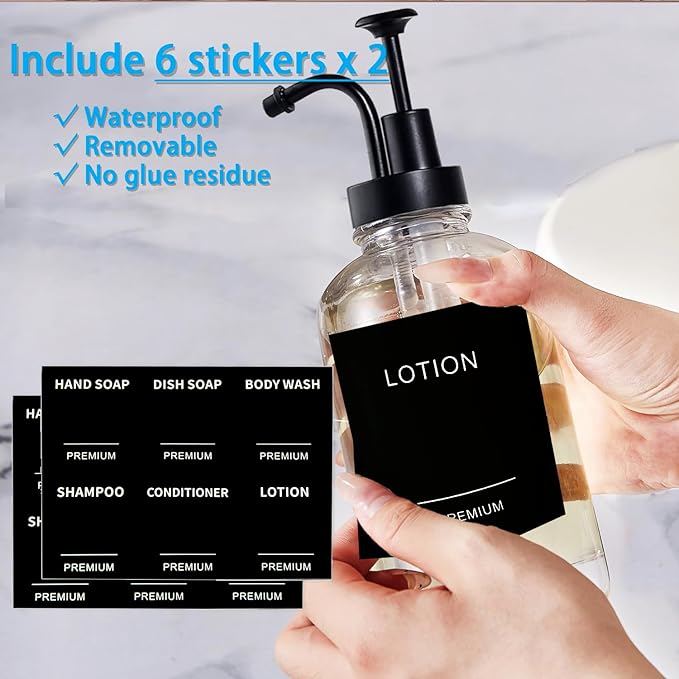 12oz Dish Soap Dispenser for Kitchen, Hand Glass Soap Dispenser Set with Pump, Tray, Funnel for Bathroom, Shower, Laundry, Liquid, Lotion (Black 2 Pack Clear Bottles with 12 Stickers)