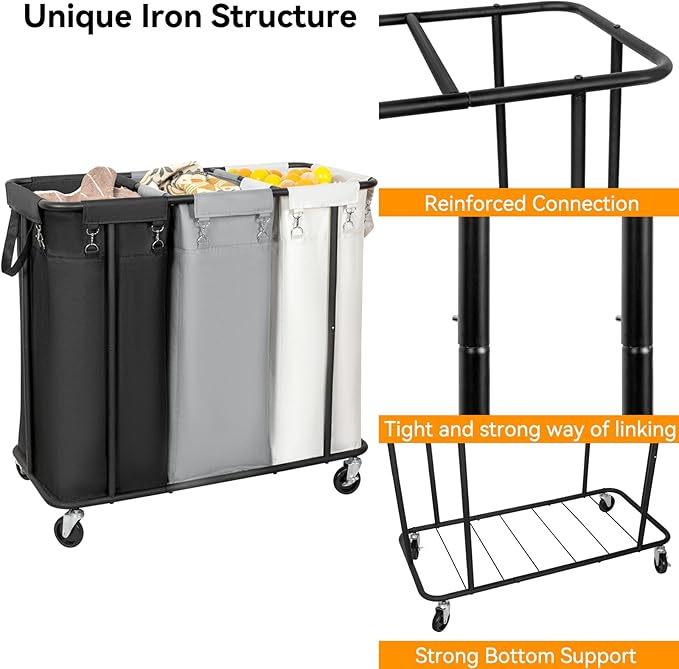 WOWLIVE Laundry Hamper with Wheels 260L Rolling Laundry Basket 3 Section Organizer Laundry Cart with Steel Frame and Removable Bags Large Dirty Clothes Hamper Dorm Room Storage for Bedroom