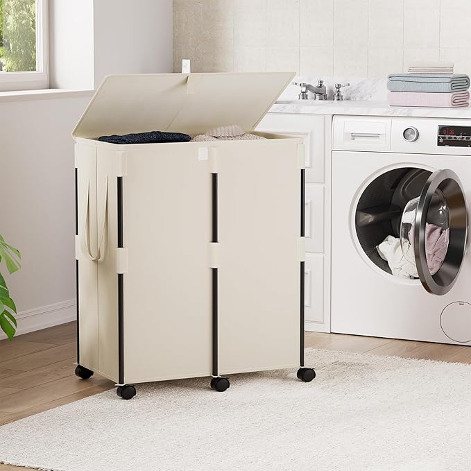 Chrislley 160L Large Double Laundry Hamper with Lid and 6 Wheels, Rolling Laundry Basket with 2 Removable Bags, Heavy Duty Metal Frame Laundry Cart, Dirty Clothes Hamper for Bathroom, Bedroom (Beige)