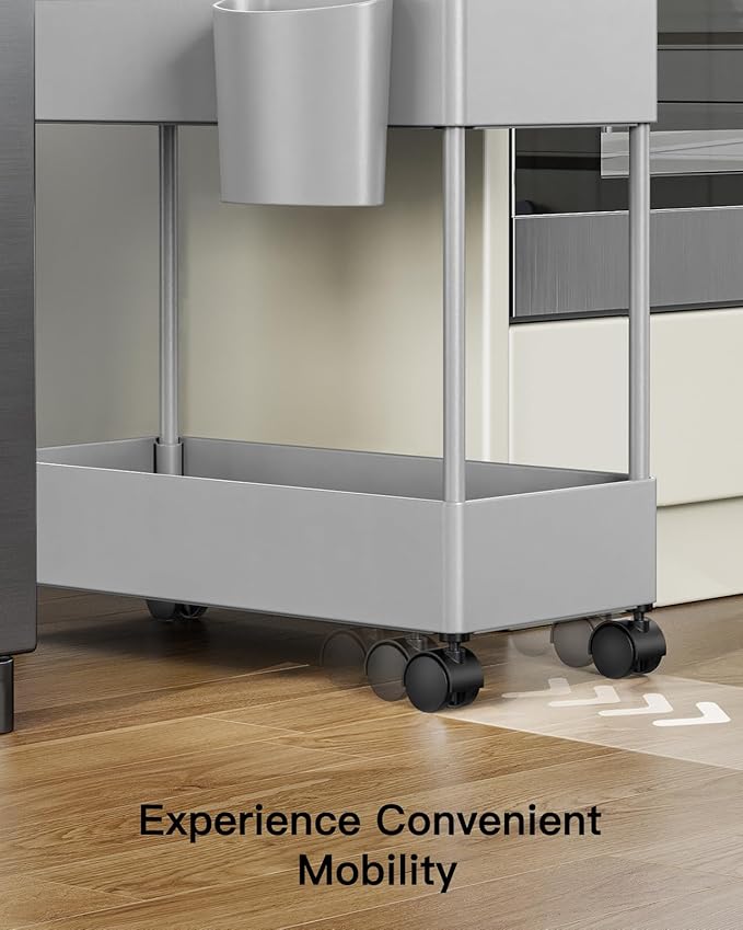 Pipishell Slim Storage Cart with Wheels - 3 Tier Bathroom Organizers and Storage Cart - Rolling Carts for Bathroom, Kitchen, Narrow Space, Laundry Room,Gray