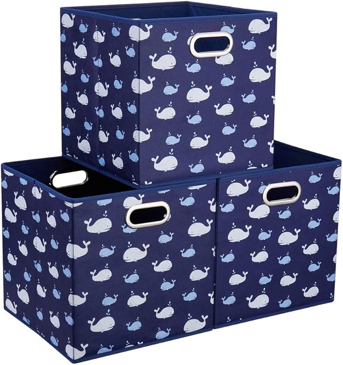 Whale Collapsible Cloth Storage Cube Baskets Blue Fabic Cube Bins 10.5x 10.5 x11 in Foldable Storage Cube Boxes Folding Storage Inserts Drawer for Cube Organizer Storage ,QY-SC11-3
