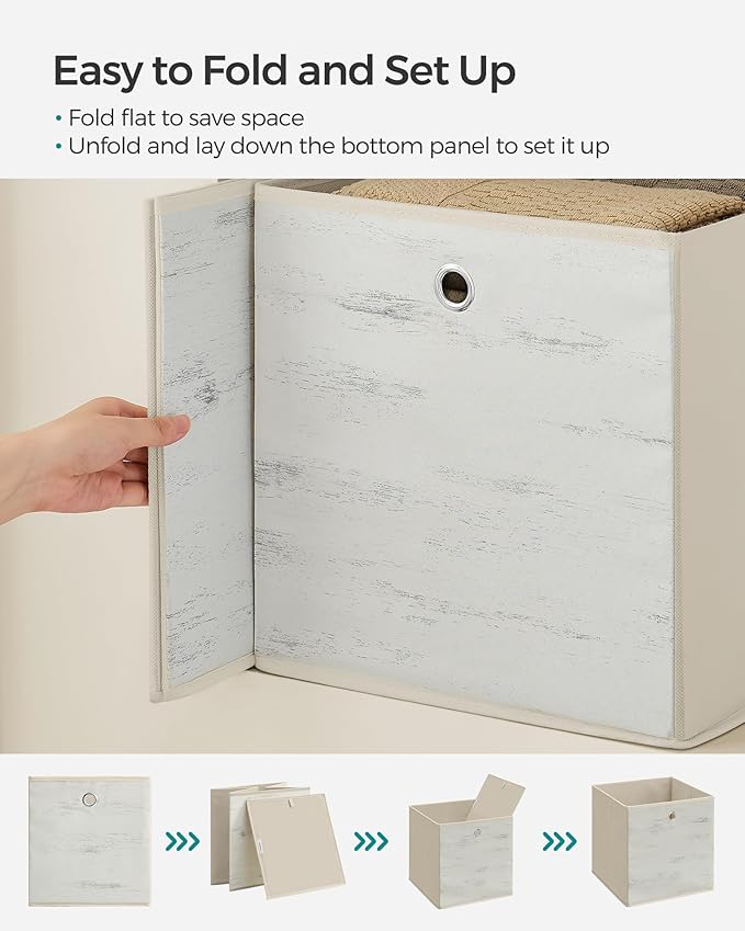 SONGMICS Storage Cubes, Set of 6 Storage Bins with Handles, Foldable Oxford Fabric and Non-Woven Fabric Storage Boxes, 13 x 13 x 13 Inches, Fit Cube Storage Unit, Vintage White URFB133W01