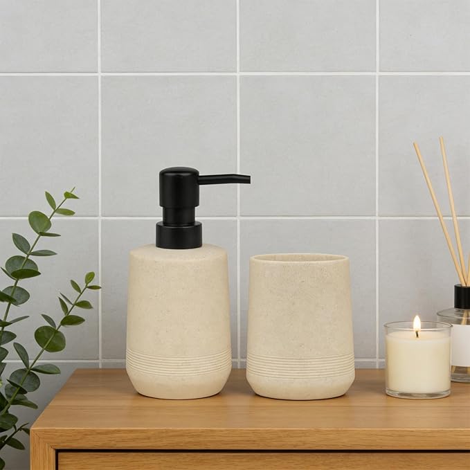 Bathroom Accessories Set, 2Pack Soap Dispenser & Toothbrush Holder in Warm Beige, Handcrafted Resin Texture, Minimal Boho Decor for Vanity & Bathroom Cabinet