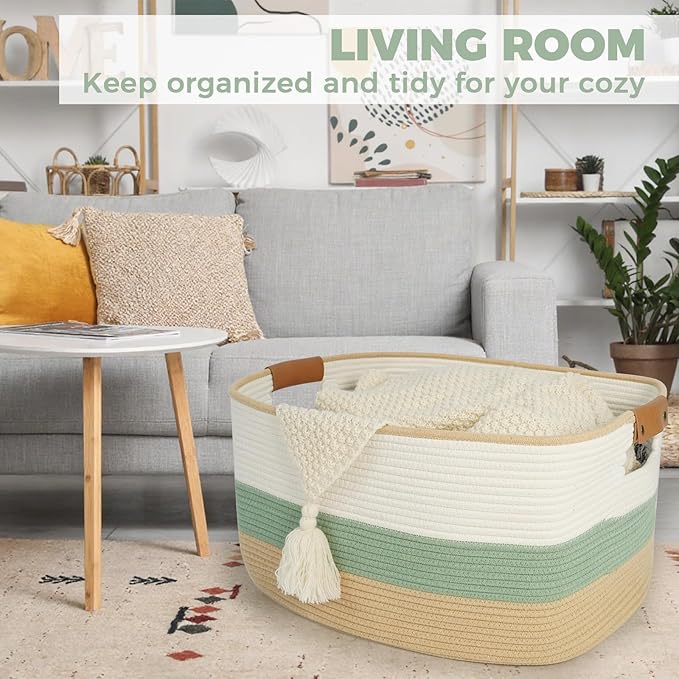 danpinera Large Woven Basket, 108L Rectangular Woven Storage Basket with Leather Handles, Stylish Organizer Bin for Home, Office, Laundry, Toys, or Blankets, 25’’*16’’*16’’ White & Green & Jute