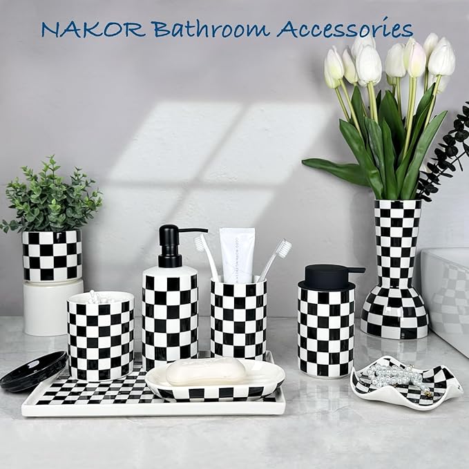 Bathroom Toothbrush Holder Set, Ceramic Soap Dispenser and Tooth Brush Holder Set, Modern Bathroom Accessories Sets Countertop, Black and White Checkered Bathroom Decor Set
