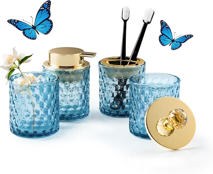 Blue Bathroom Accessories, 4Pcs Blue Bathroom Accessory Set Complete, Toothbrush Holder Set, Soap Dispenser, Qtip Holder, Tumbler, Perfect for Bathroom Decor and Vanity