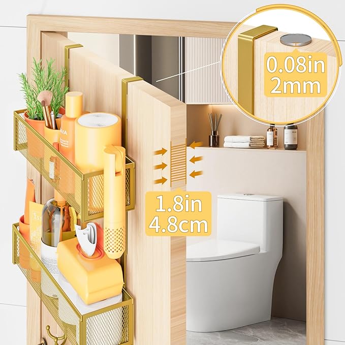 Kaiferty Over The Door Hooks Organizer,Coat Rack with 12 Hooks and 2 Mesh Baskets,Back of Door Storage Organizer for Bathroom,Bedroom,Kitchen,Office (Gold)