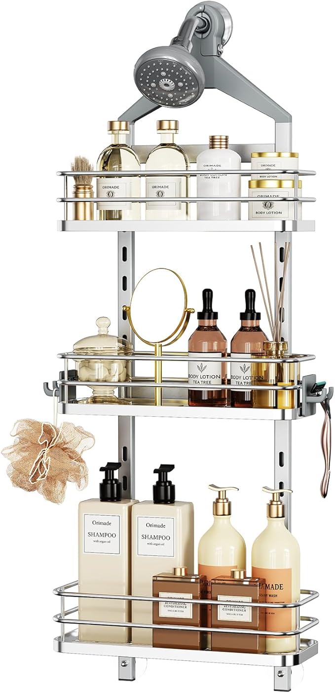 Orimade Aluminum Hanging Shower Caddy Over Head, Adjustable Bathroom Shelf with Hooks, Anti-Slip Rustproof Organizer Storage Rack Basket, Silver, 3 Tier