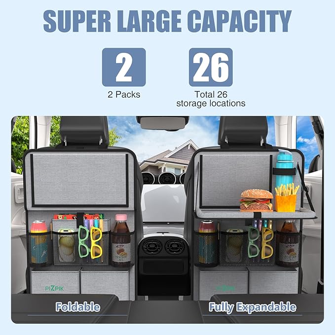 Car Backseat Organizer with Tablet Holder,11 Storage Pockets with Foldable Food Tray, Protector Kick Mats for Kids, Travel Accessories Organizer (Gray, 2Pack with Food Tray)
