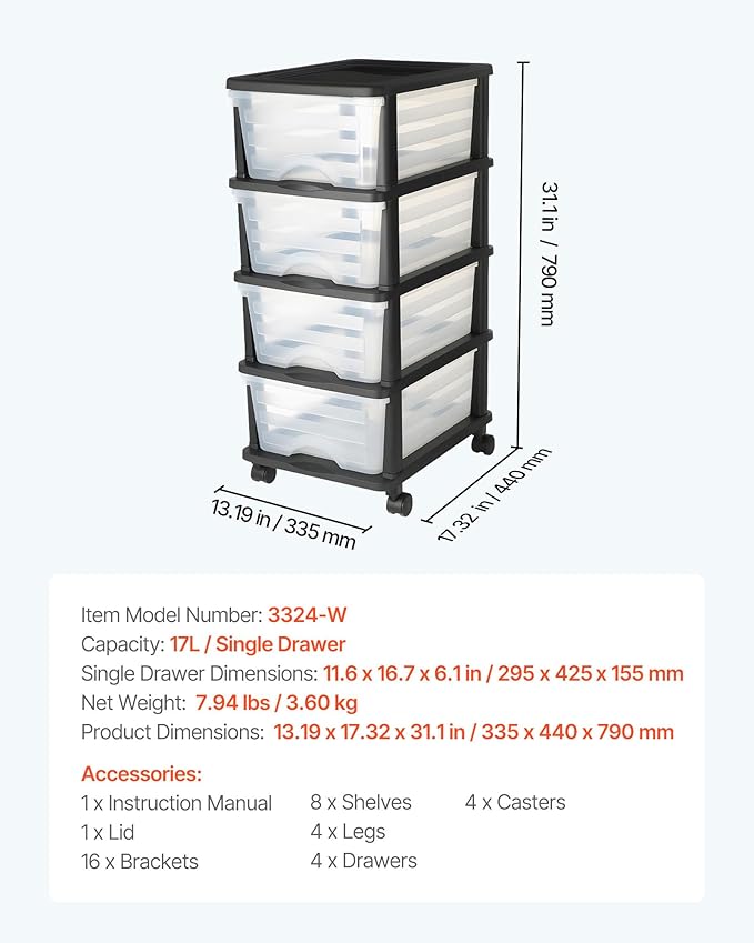 VEVOR Plastic Storage Drawers Cart, 4 Drawers Storage Organizer with Wheels, Rolling Closet Organization and Storage Dividers, Dresser Organizer Clear Bins for Office Supplies, Craft Rooms, Classrooms