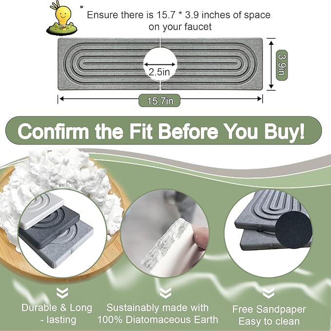 Faucet Mat for Kitchen Sink,15.7" Diatomite Stone Drying Mat,Quick Drying Splash Guard,Super Absorbent.Kitchen ,Bathroom Sink Splash Guard, Durable Countertop Protection(Light grey)