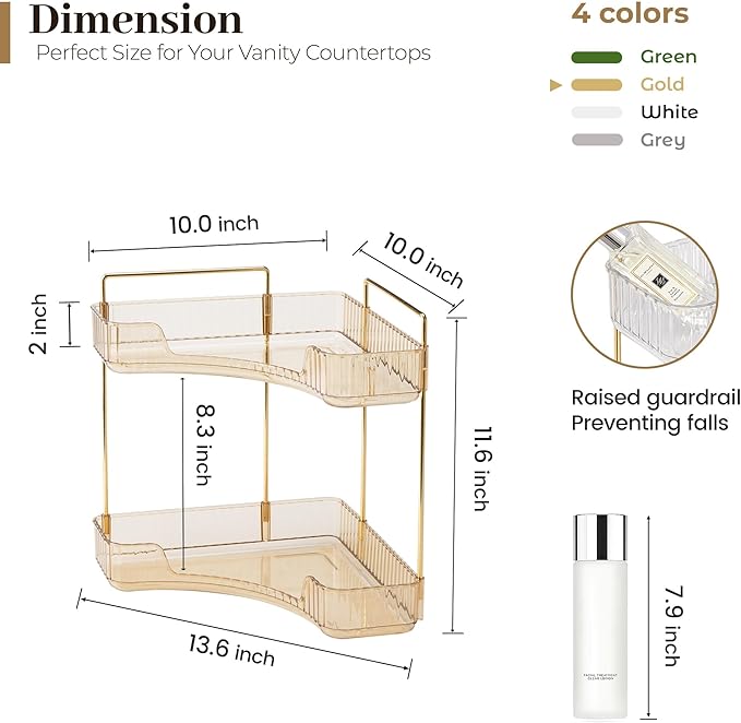Aveniee Corner Bathroom Counter Organizer, Bathroom Countertop Shelf Makeup Organizer for Vanity Perfume Tray for Corner Storage (2 Tiers, Gold)