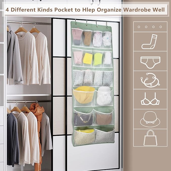 2 Pack-18 Pocekts Over the Door Shoes Organizer,Behind Door Hanging Storage Pocekt for Sock,Underwear,Hat,Handbag,Back of Door Hanging Shelf for Bedroom,Bathroom,Entryway,Storeroom,Pantry,Dorm,Nursery