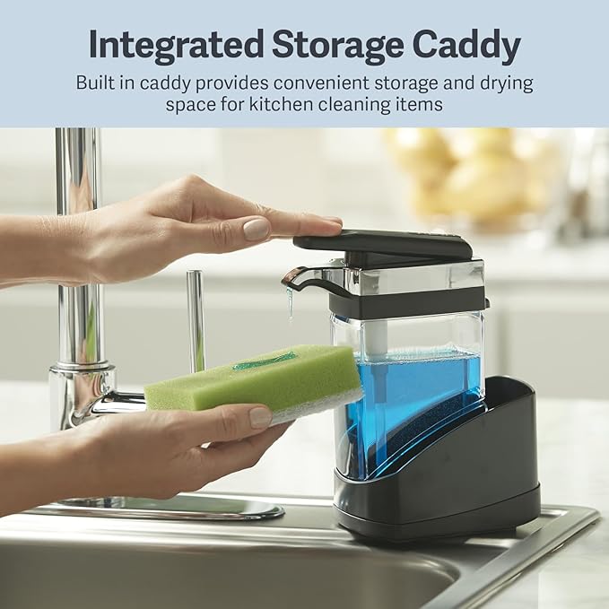 Casabella Sink Sider Solo Kitchen Soap Pump and Sponge Caddy, Black/Chrome - 2-in-1 Soap and Sponge Caddy, One-Hand Soap Dispensing, Easy to Refill and Clean, Efficient Size (Pack of 6)