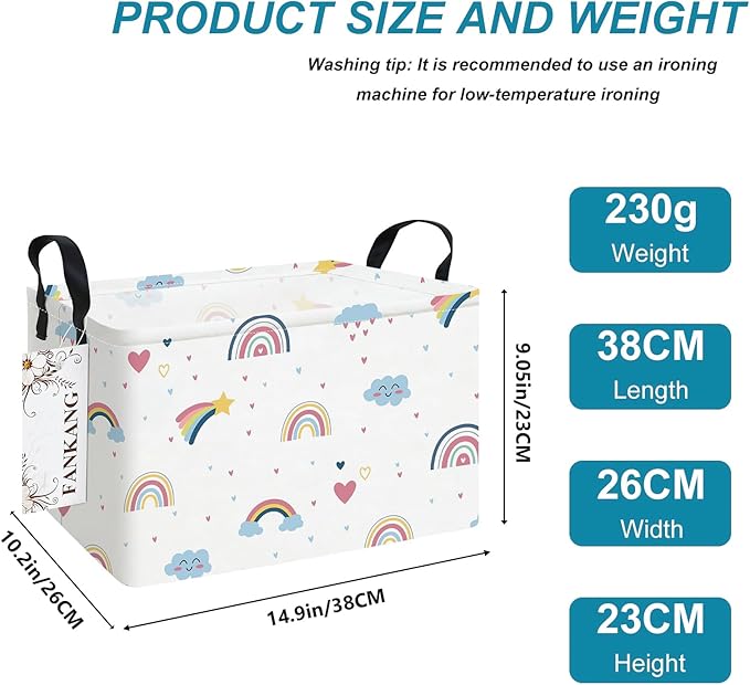 FANKANG Storage Bins, Nursery Hamper Canvas Laundry Basket Foldable with Waterproof PE Coating Large Storage Baskets for Kids Boys and Girls, Office, Bedroom, Clothes,Toys(Rec-Love Rainbow）