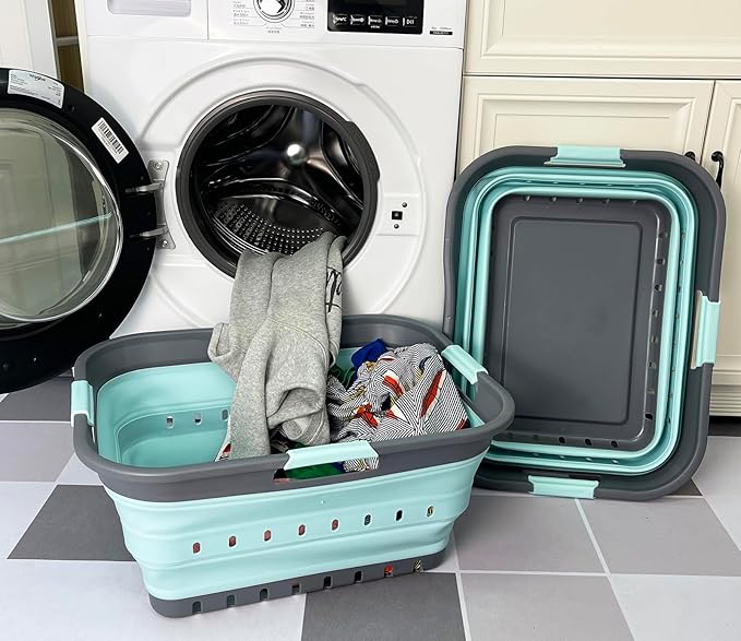 SAMMART 42 (11 Gallons) Collapsible Plastic Laundry Basket, Foldable Pop Up Storage Container/Organizer, Space Saving Hamper, Portable Bin for Dorm Room Bathroom (2, Grey/Lake Green)