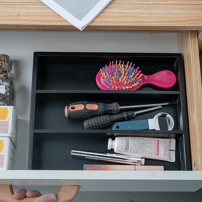 Silverware Organizer Bamboo Kitchen Drawer Organizer, Flatware Organizer Tray for Kitchen, Flatware, Utensils（Black）