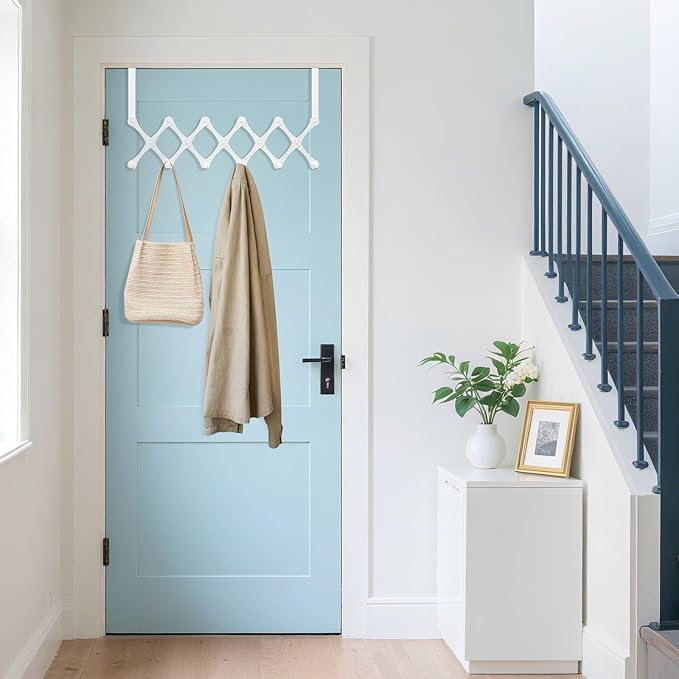 SCUNDA Expands Over The Door Hook Rack, Heavy Duty No Drill Hooks for Bathroom, Bedroom, Kitchen, Closet - Over The Door Hanger for Towels, Robes, Bags, Coats(White)