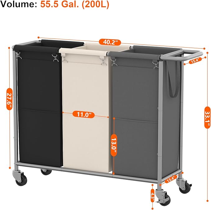 Heybly Laundry Basket, 3 x 18.5 Gal Laundry Separator Hamper with Heavy Duty Rolling Wheels, Laundry Divider Sorter with Removable Bags for Dirty Clothes Storage, 40.2 x 15.4 x 33.1 Inches HLH022P03