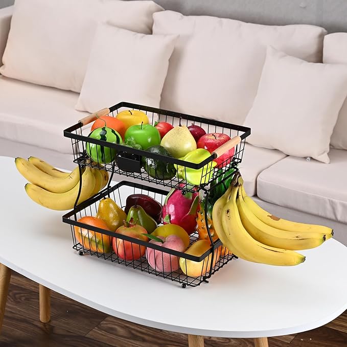 Fruit Basket Bowl 2 Tier Detachable with 2 Banana Hangers, Fruit Stand Holder for Kitchen Countertop, Metal Wire Vegetable Storage Organizer, for Bread Snack Veggies Produce, Black