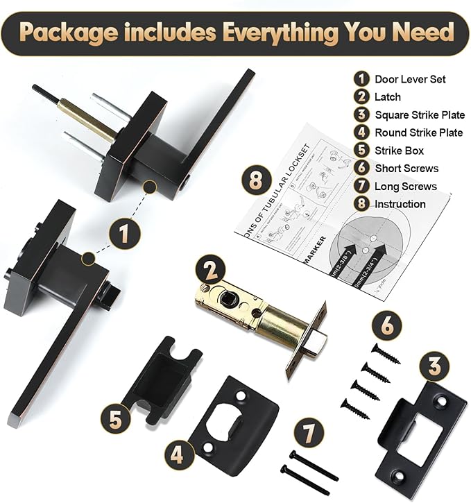 Privacy Door Levers, 5 Pack Oil Rubbed Bronze Door Handles Interior Heavy Duty Bed and Bath Keyless Door Locksets, Reversible for Left Right Handed Doors