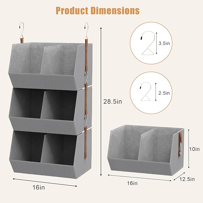 2 Pack,Hanging Closet Organizer 3 Tier,Disassemblable Clothes Hanging Shelves,Space-Saving Closet System, Fabric Storage Bins Bedroom Organization,Collapsible Baskets for Home, Dorm, Rv,Beige
