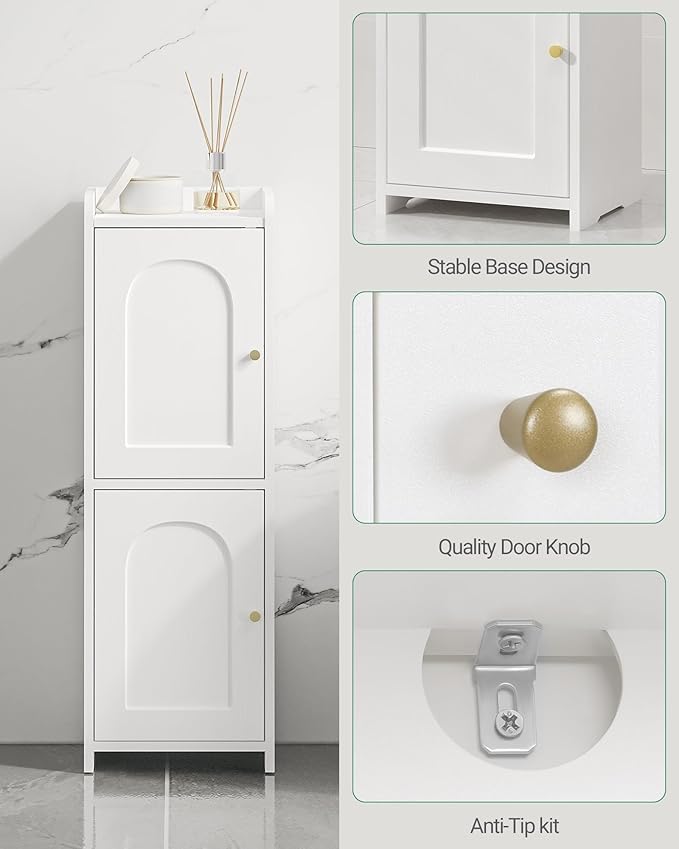 Bathroom Storage Cabinet, Small Corner Floor Cabinet with 2 Doors and Adjustable Shelf, Narrow Toilet Paper Cabinets, Bathroom Organizer for Small Spaces, 7.9" D x 9.8" W x 29.5" H White