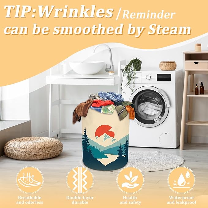 Mountains Sunset Laundry Basket, Nature Scenery Forest Laundry Hamper Foldable Waterproof Tote Bag Dirty Clothes Storage Bucket Toy Organizer for Bathroom/Laundry/Bedroom 15.7"x19.6"